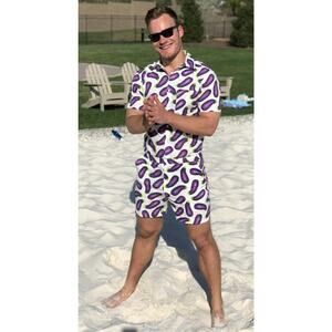 New Zesties eggplant print romper men's size XL Novelty Preppy Quirky